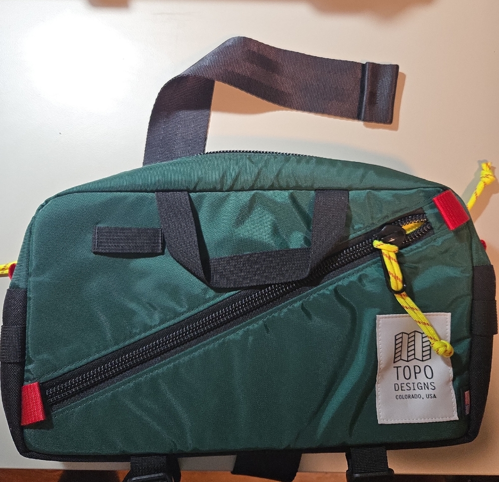 Topo Designs Green Sling Bag with Yellow Pulls